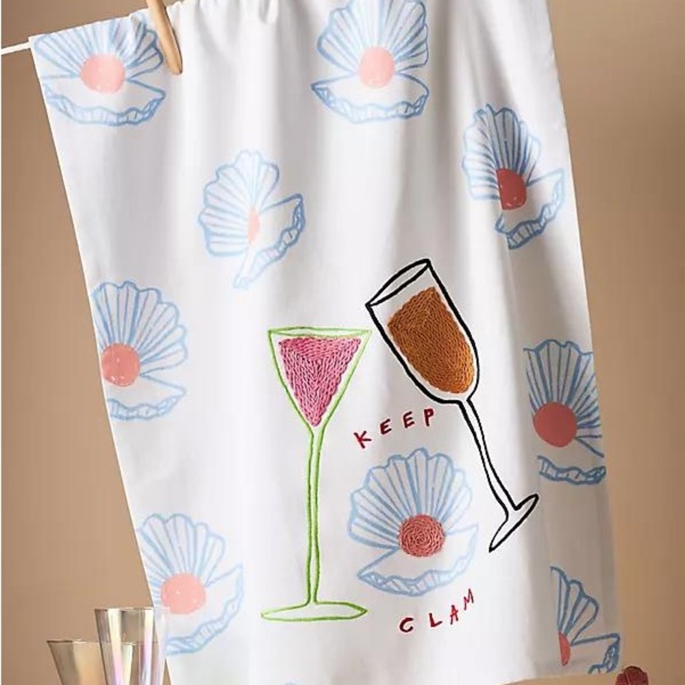Anthropologie SimplyExtraJordanary Keep Clam Embroidered Cotton Dish Towel